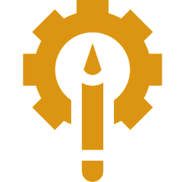 Orange gear with central spear-like symbol.